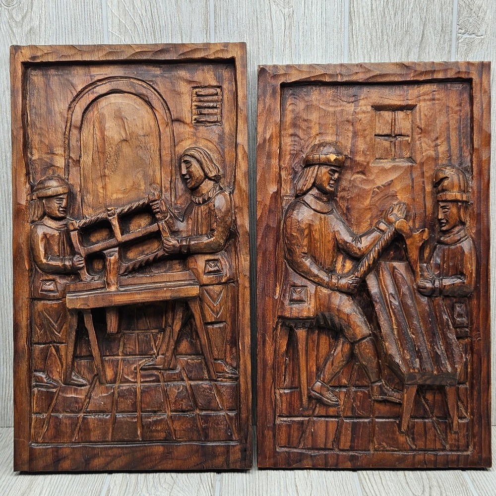 Vtg Artemir Carved Wood Relief Wall Plaques Medieval Woodworkers Spainish 5016